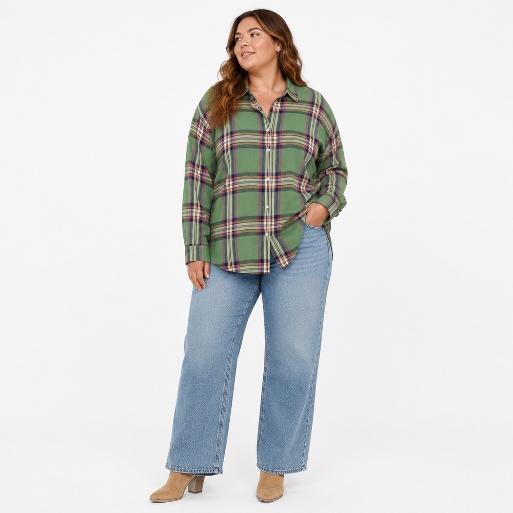 Lauren Ralph Lauren Black Label Plaid Button Down Shirt Green Purple XL Womens